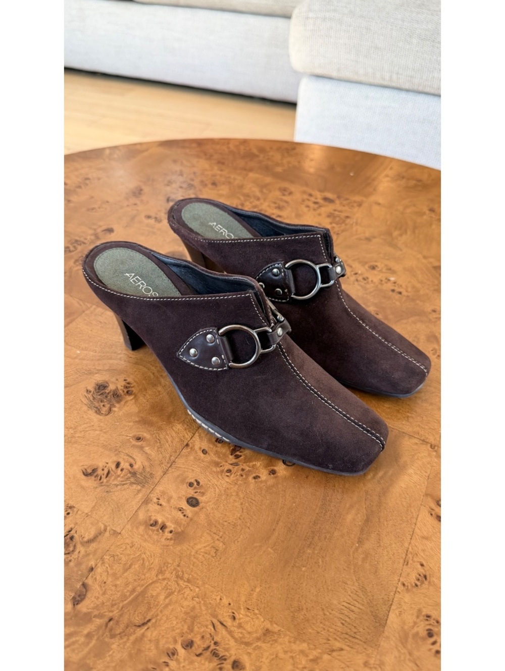 Aerosoles Brown Suede Mule Heels with Metal Buckle Detail
